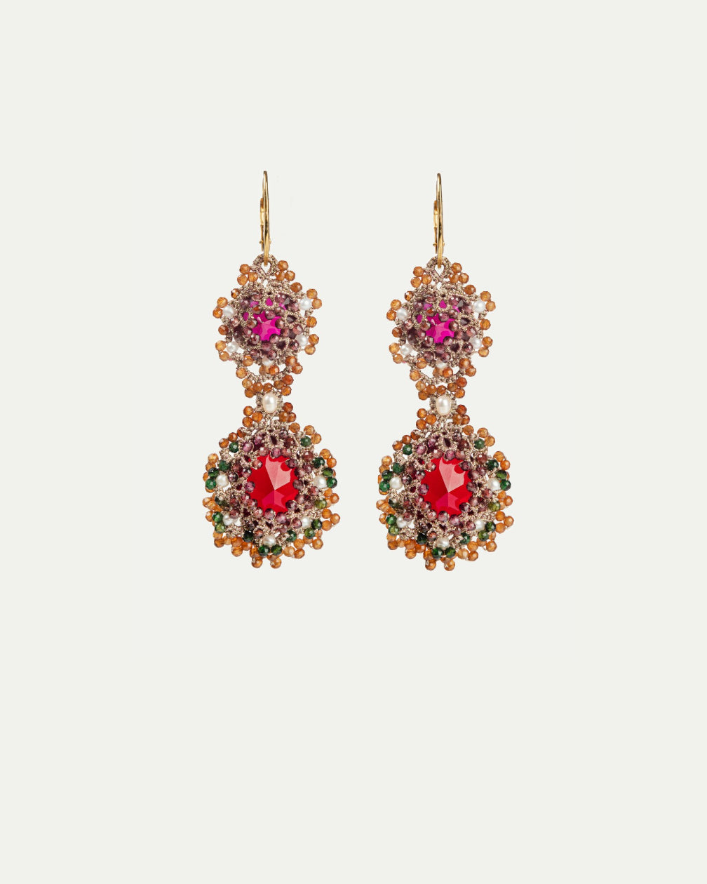 Yasmine earrings with crystals, garnet, green tourmaline, pearls, gold-plated silver, red and orange accents.