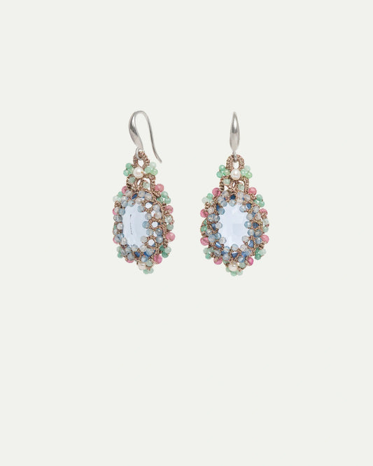 OLYMPIA EARRINGS in Silk, Silver, Crystal color Blue side view with decorative details and quality finishes