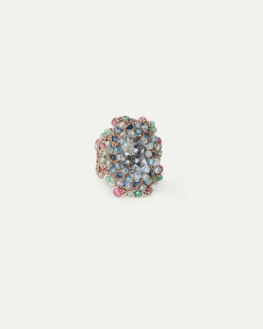 OLYMPIA RING in Silk, Crystal, Aquamarine color Blue side view with decorative details and quality finishes