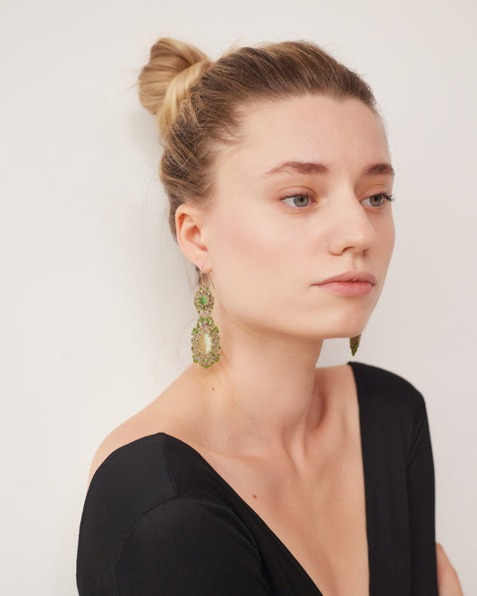 SERENA EARRINGS in Silk, Gold, Silver color Green side view with decorative details and quality finishes