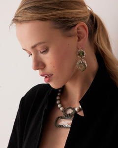 AFRODITA EARRINGS with green tourmaline, crystals, freshwater pearls, and gold-plated silver hooks.