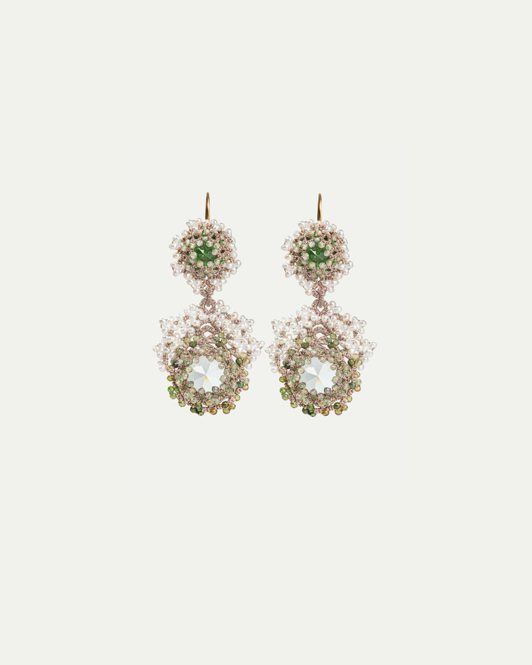 Green Afrodita earrings, side view, featuring intricate beadwork and crystal embellishments, gold hooks.