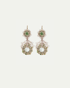 Green Afrodita earrings, side view, featuring intricate beadwork and crystal embellishments, gold hooks.