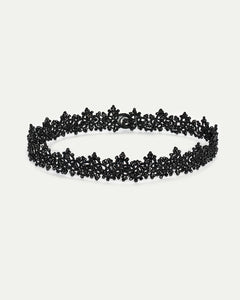 AIRA CHOKER with black spinel gemstones, silk, and metallized threads, featuring mother of pearl button.