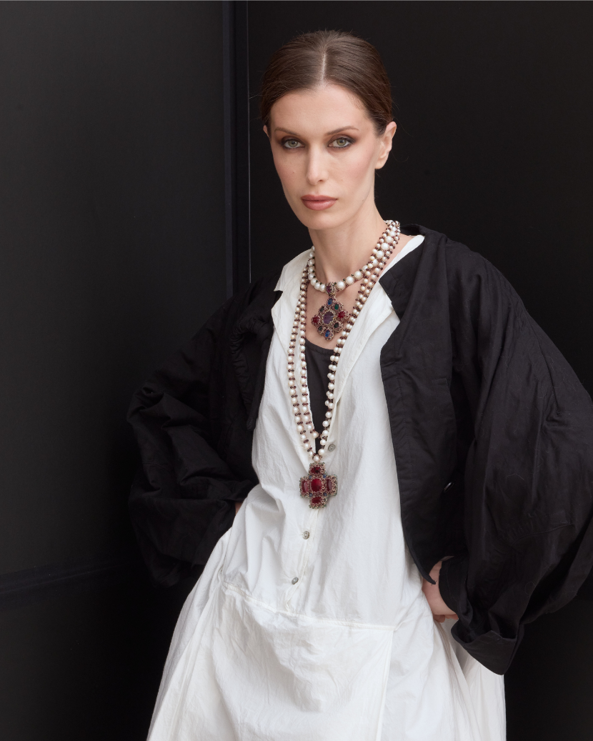 ANYA PENDANT with red garnet, pearls, crystals, silk threads, mother of pearl button, elegant design.