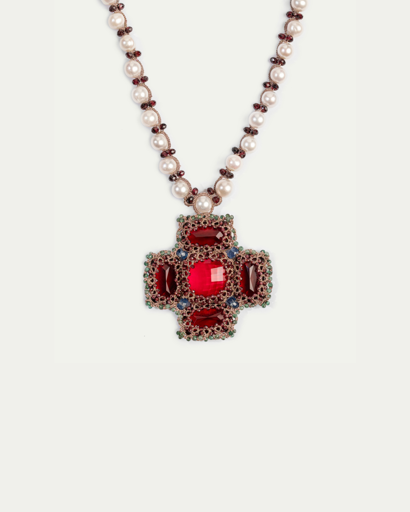 ANYA PENDANT in Silk, Pearl, Pearls color Red angle view with superior finishes and refined design