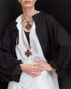 ANYA PENDANT in Silk, Pearl, Pearls color Red full view with sophisticated look and elegance