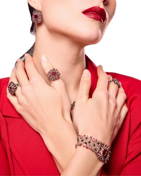 ARACELI RING in Silk, Crystal, Garnet color Red side view with decorative details and quality finishes