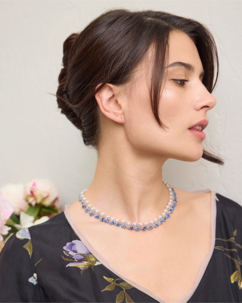 ARIADNE NECKLACE in Silk, Pearl, Pearls color Blue front view with elegant and refined design