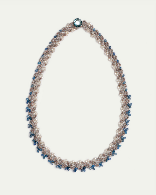 ARIADNE NECKLACE in Silk, Pearl, Pearls color Blue side view with decorative details and quality finishes