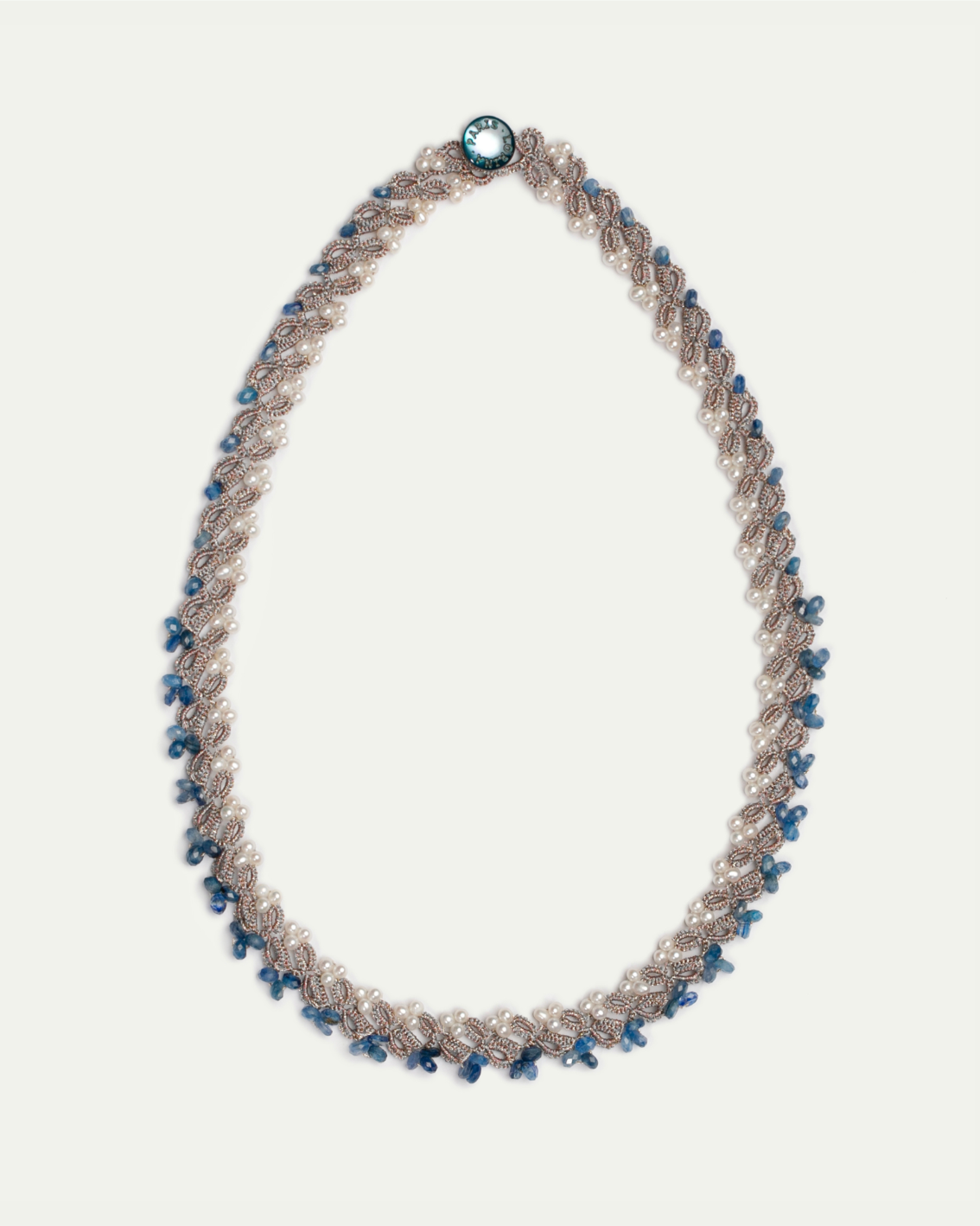 ARIADNE NECKLACE in Silk, Pearl, Pearls color Blue side view with decorative details and quality finishes