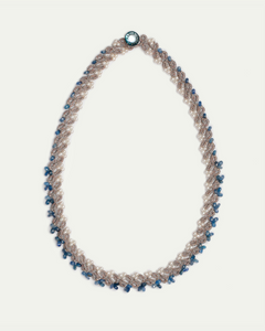 ARIADNE NECKLACE in Silk, Pearl, Pearls color Blue side view with decorative details and quality finishes