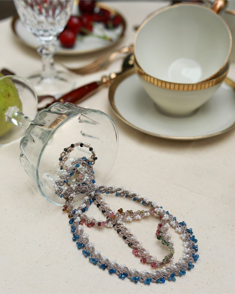 ARIADNE NECKLACE in Silk, Pearls, Freshwater pearls color Multicolor close-up view with premium look and attention to detail