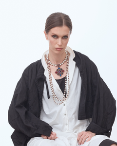 ATENA PENDANT in Silk, Pearl, Pearls color Red detail view with classic and elegant design