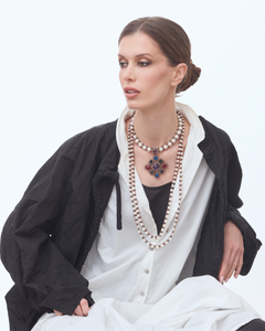 ATENA PENDANT in Silk, Pearl, Pearls color Red angle view with superior finishes and refined design