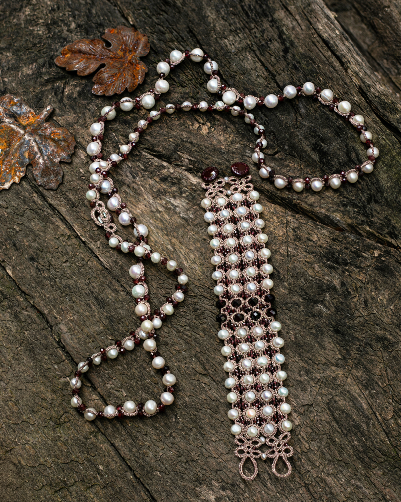 ATENA PENDANT in Silk, Pearl, Pearls color Red angle view with superior finishes and refined design