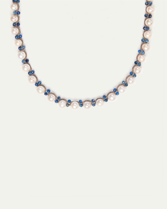 ATENA PENDANT in Silk, Pearl, Pearls color Blue front view with elegant and refined design