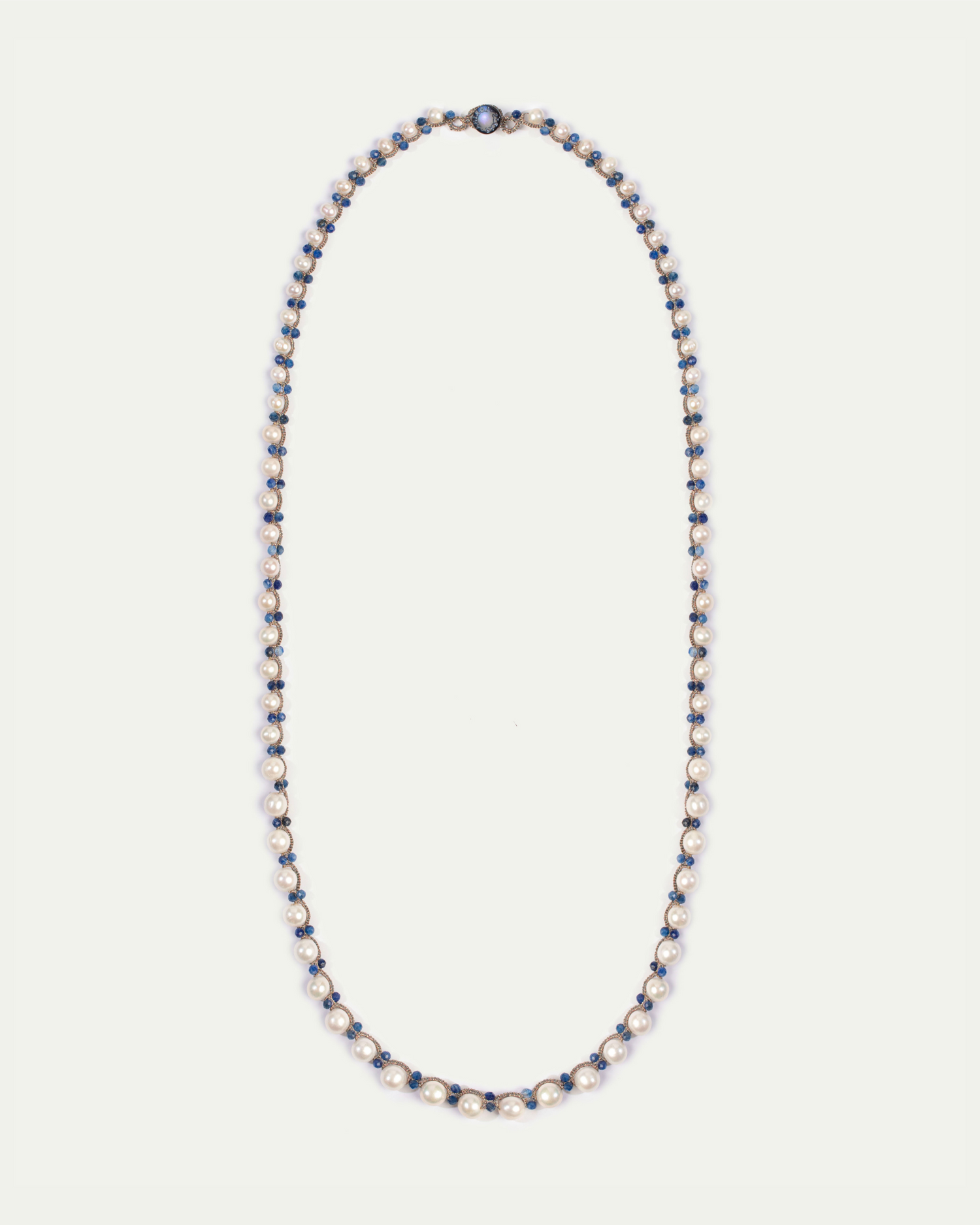 ATENA PENDANT in Silk, Pearl, Pearls color Blue side view with decorative details and quality finishes