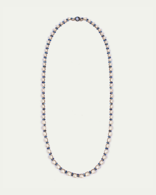 ATENA PENDANT in Silk, Pearl, Pearls color Blue side view with decorative details and quality finishes