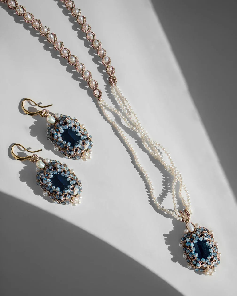 AUDREY EARRINGS in Silk, Gold, Silver color Blue front view with elegant and refined design