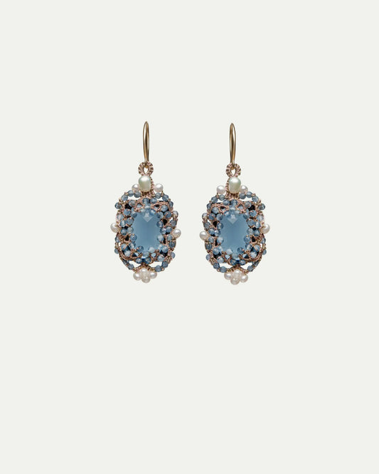 AUDREY EARRINGS in Silk, Gold, Silver color Blue side view with decorative details and quality finishes