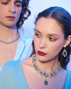 AUDREY EARRINGS in Silk, Gold, Silver color Blue detail view with classic and elegant design