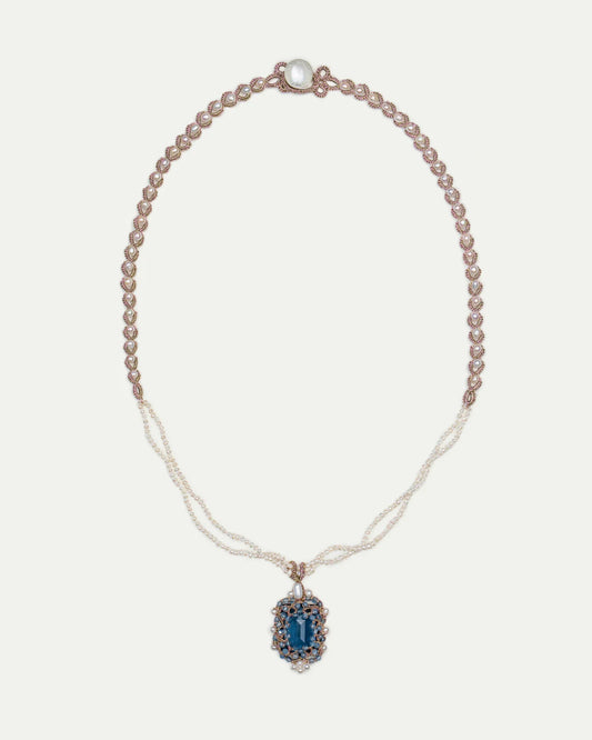 AUDREY NECKLACE in Silk, Pearl, Pearls color Blue front view with elegant and refined design