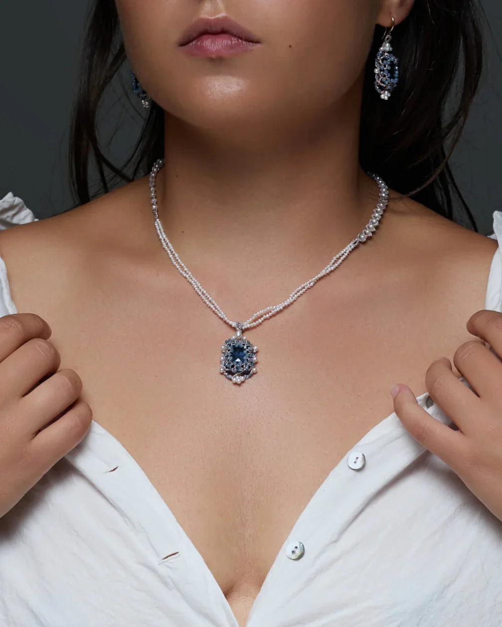 AUDREY NECKLACE in Silk, Pearl, Pearls color Blue side view with decorative details and quality finishes