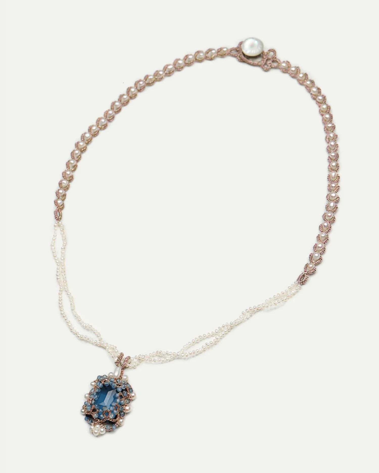 AUDREY NECKLACE in Silk, Pearl, Pearls color Blue detail view with classic and elegant design