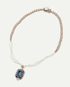 AUDREY NECKLACE in Silk, Pearl, Pearls color Blue detail view with classic and elegant design