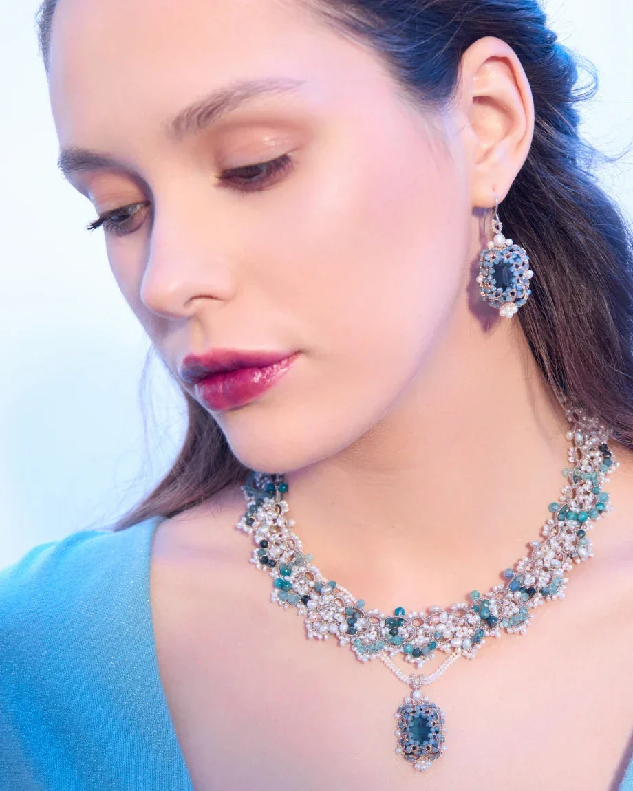AUDREY NECKLACE in Silk, Pearl, Pearls color Blue close-up view with premium look and attention to detail