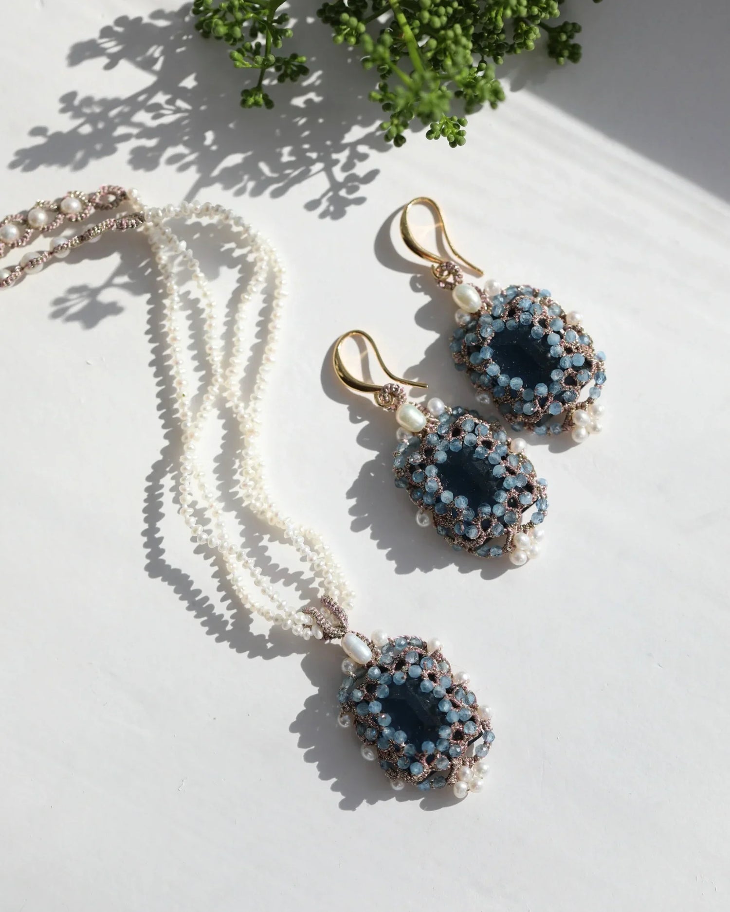 AUDREY NECKLACE in Silk, Pearl, Pearls color Blue angle view with superior finishes and refined design