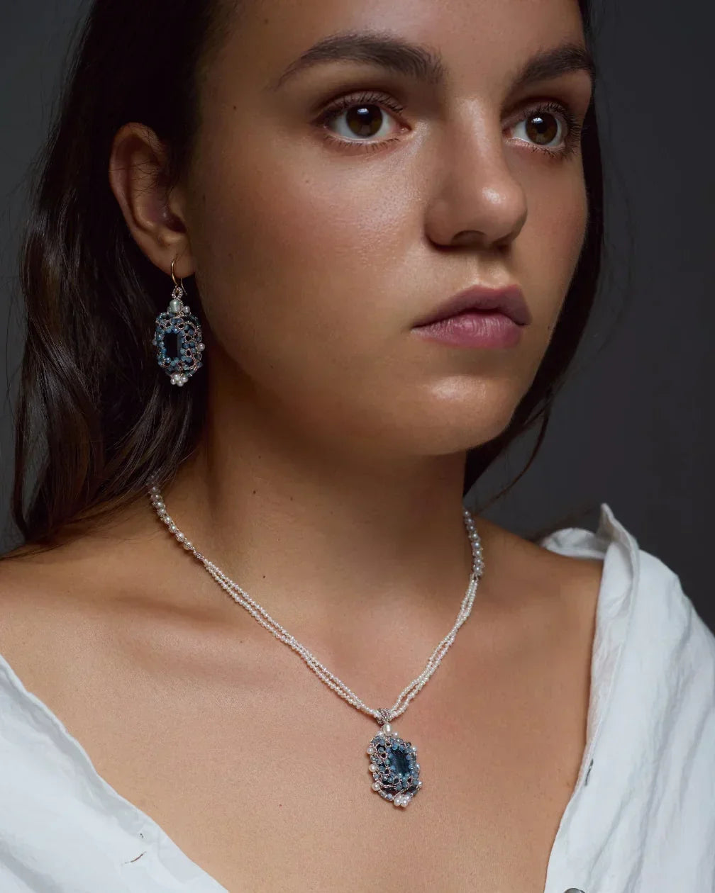 AUDREY NECKLACE in Silk, Pearl, Pearls color Blue perspective view with exceptional quality and modern design