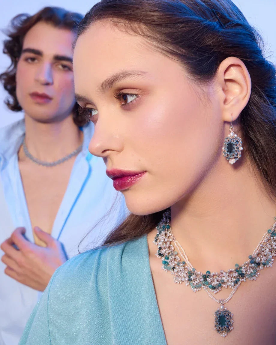 AUDREY NECKLACE in Silk, Pearl, Pearls color Blue full view with sophisticated look and elegance