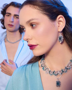 AUDREY NECKLACE in Silk, Pearl, Pearls color Blue full view with sophisticated look and elegance