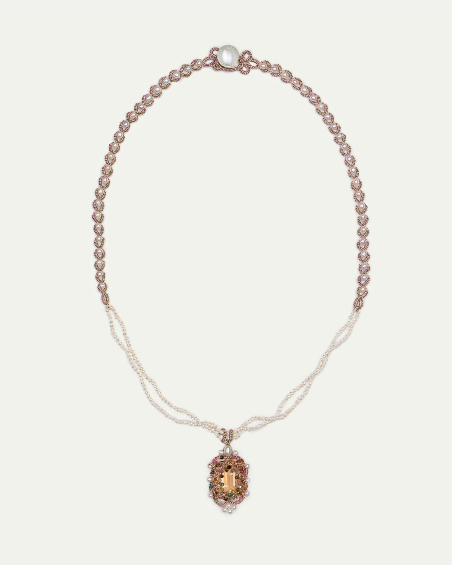 AUDREY NECKLACE in Silk, Pearl, Pearls color White front view with elegant and refined design