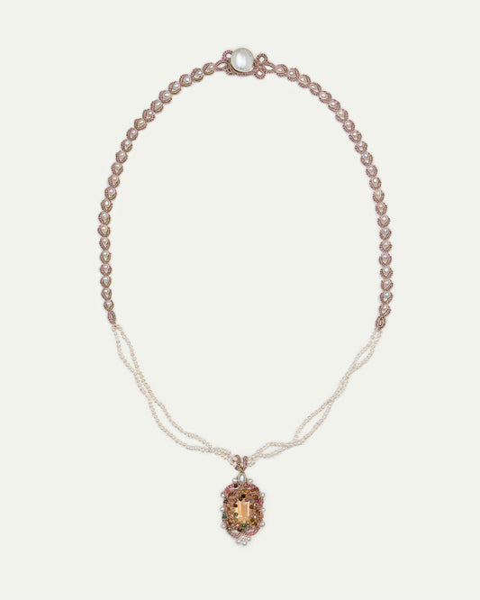 AUDREY NECKLACE in Silk, Pearl, Pearls color White front view with elegant and refined design