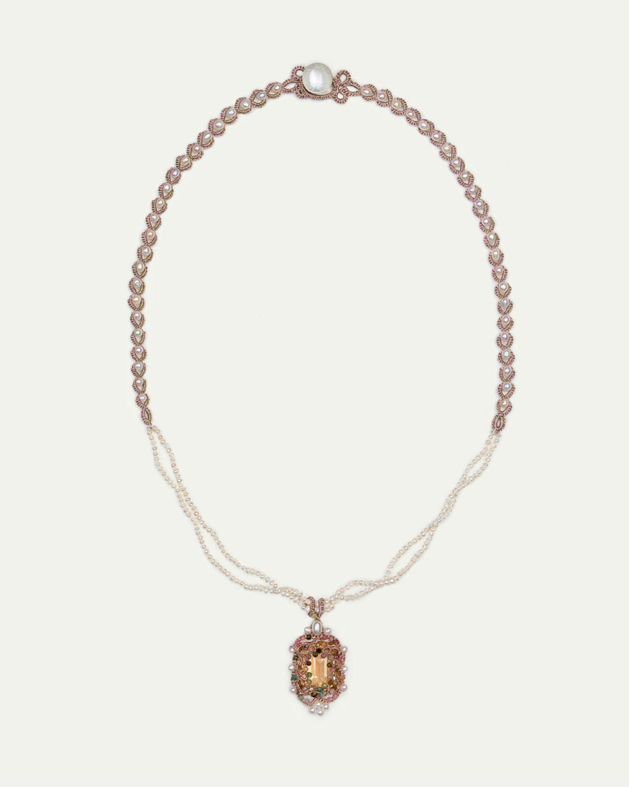 AUDREY NECKLACE in Silk, Pearl, Pearls color White front view with elegant and refined design