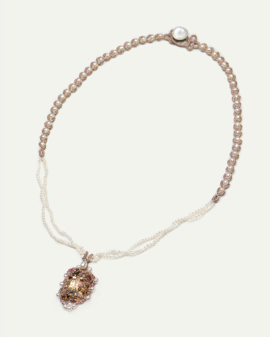 AUDREY NECKLACE in Silk, Pearl, Pearls color White detail view with classic and elegant design