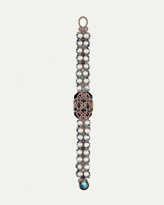 BARI BRACELET in Silk, Pearl, Pearls color Blue front view with elegant and refined design