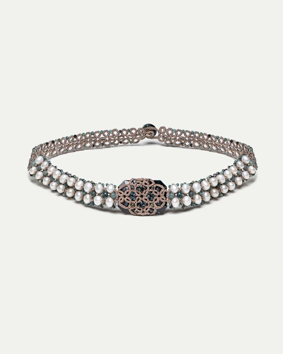 BARI CHOKER with crystal centerpiece, freshwater pearls, blue tourmaline gemstones, silk, blue and white.