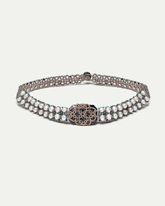 BARI CHOKER with crystal centerpiece, freshwater pearls, blue tourmaline gemstones, silk, blue and white.