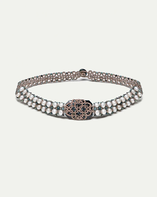 BARI CHOKER in Silk, Pearl, Pearls color Blue front view with elegant and refined design