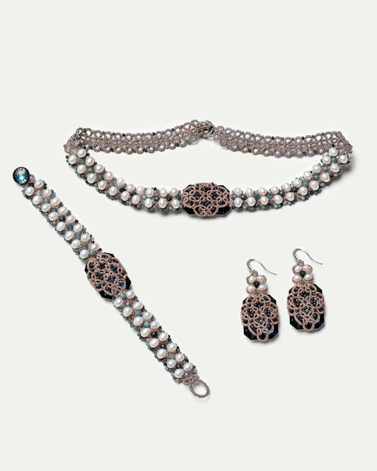 BARI CHOKER in Silk, Pearl, Pearls color Blue side view with decorative details and quality finishes
