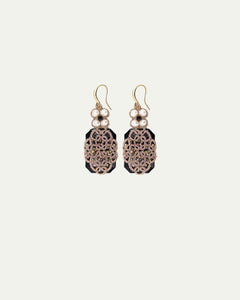 Gold hook earrings with intricate pink lace overlay, pearl accents, and a black base in a floral motif.
