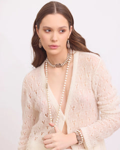 Silk, gold, and pearl Bari Earrings in white with intricate detailing and freshwater pearls.