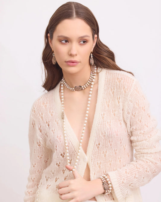 BARI EARRINGS in Silk, Gold, Silver color White full view with sophisticated look and elegance