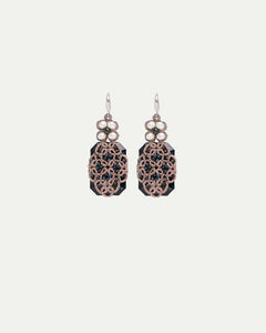 BARI Earrings with blue tourmaline, pearls, crystal, silk threads, silver hooks, in intricate design.