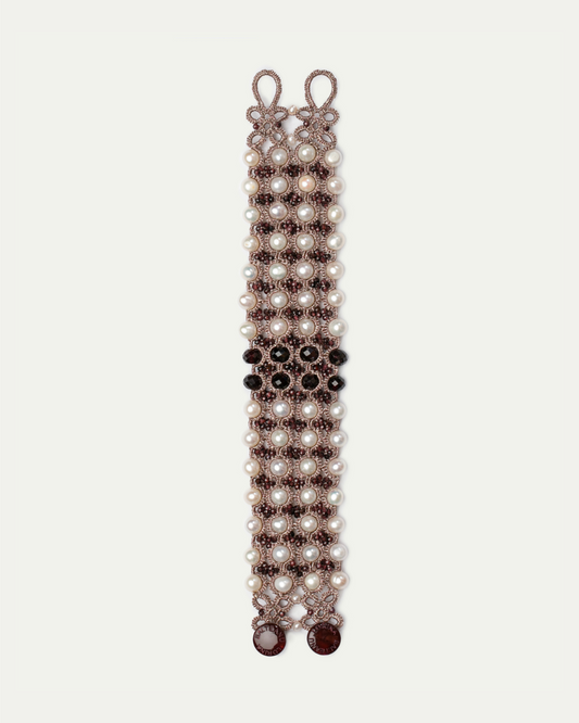 BEATRICE BRACELET in Silk, Pearl, Pearls color Red side view with decorative details and quality finishes
