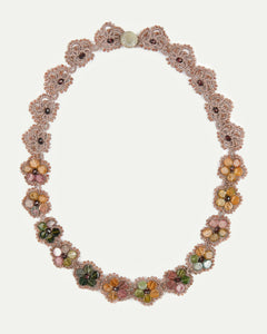 CALLA NECKLACE in Silk, Pearl, Garnet color Gold front view with elegant and refined design